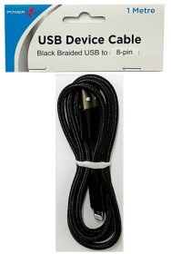(image for) POWER+USB TO 8PIN BLACK BRAID - 1M