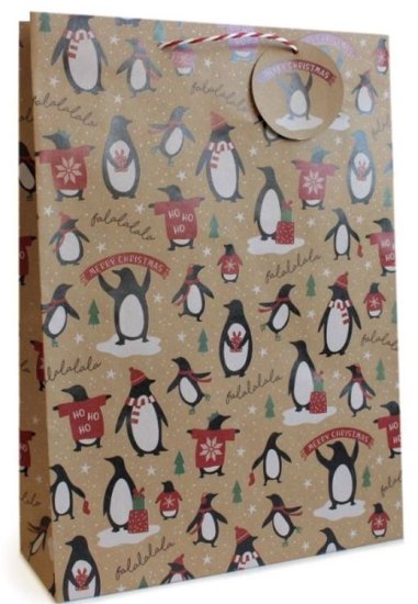 (image for) XMAS GIFT BAG KRAFT PENGUIN - LARGE