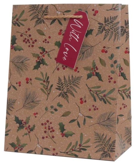 (image for) XMAS GIFT BAG KRAFT HOLLY MED - MEDIUM