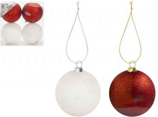 (image for) XMAS BAUBLES RED&WHITE 4S - 10CM