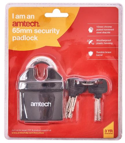 (image for) AMTECH PVC BRASS PADLOCK +4KEY - 65MM