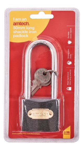 (image for) AMTECH LONG SHACKLE IRON PADLOCK -50MM