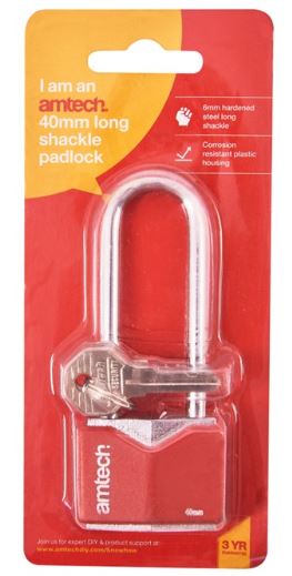 (image for) AMTECH LONGSHACKLE PADLOCK RED - 40MM