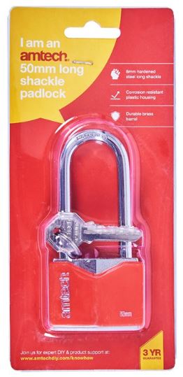 (image for) AMTECH LONGSHACKLE PADLOCK RED - 50MM