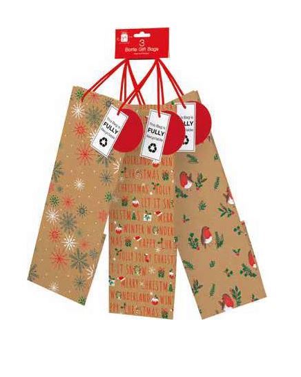 (image for) XMAS KRAFT BOTTLE BAG ASST DES - 3S